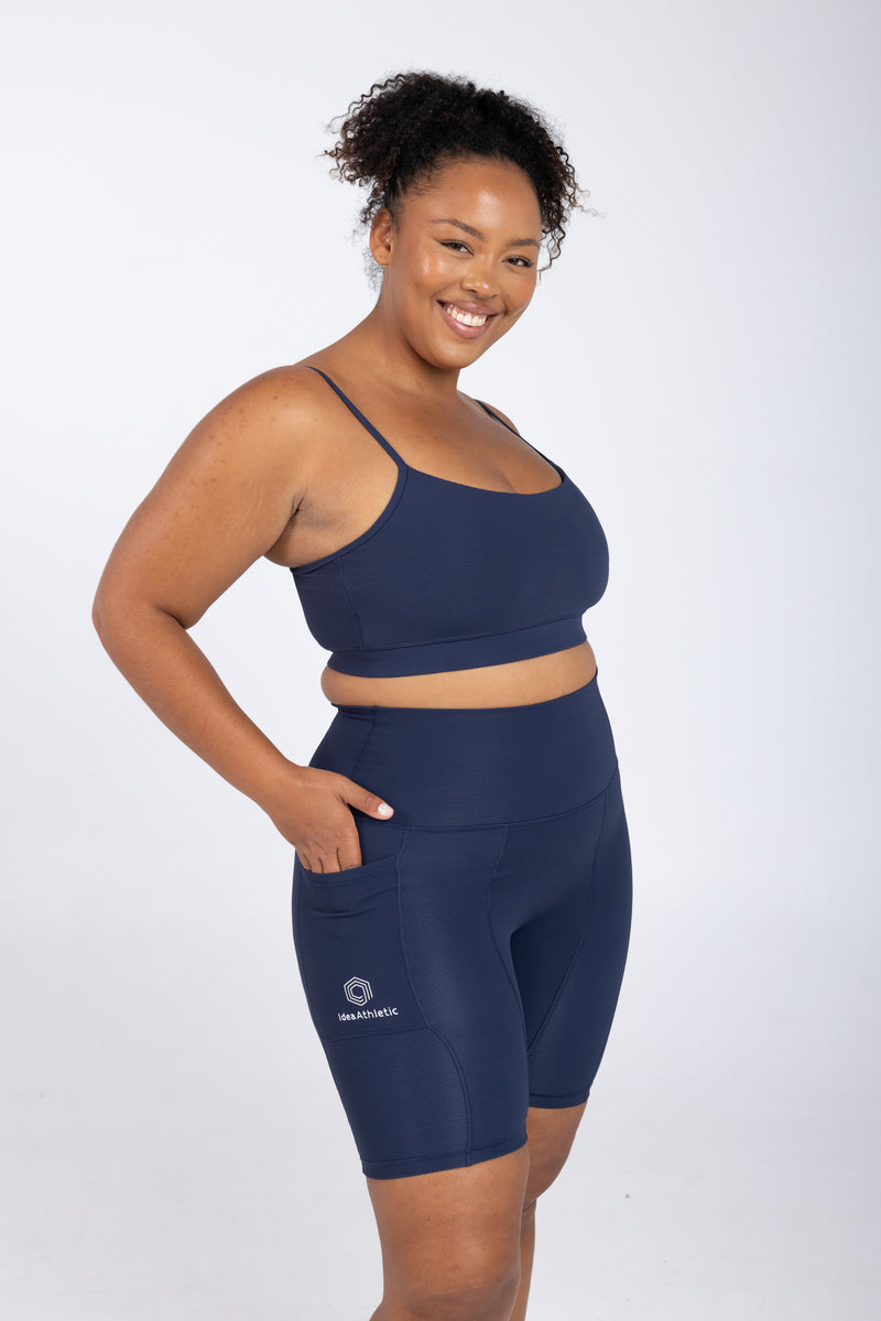 Sweat Resistant Activewear, high waisted statement navy bike shorts, high waisted bike shorts, Idea Athletic Australia