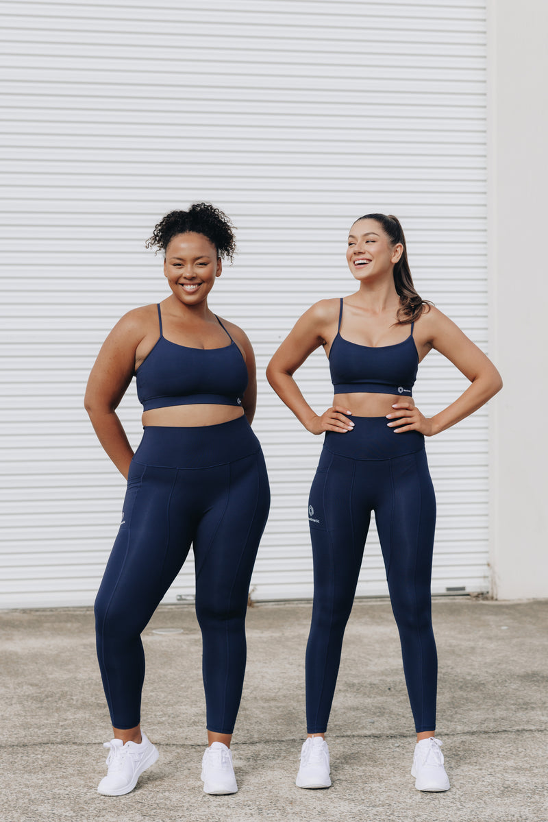 Sweat Resistant Activewear, high waisted statement navy full length tights, high waisted full length leggings, Idea Athletic Australia