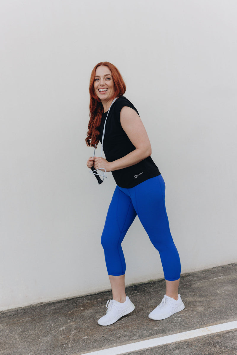 Sweat Resistant Activewear, high waisted cobalt 3/4 length tights, high waisted 3/4 length leggings, Idea Athletic Australia