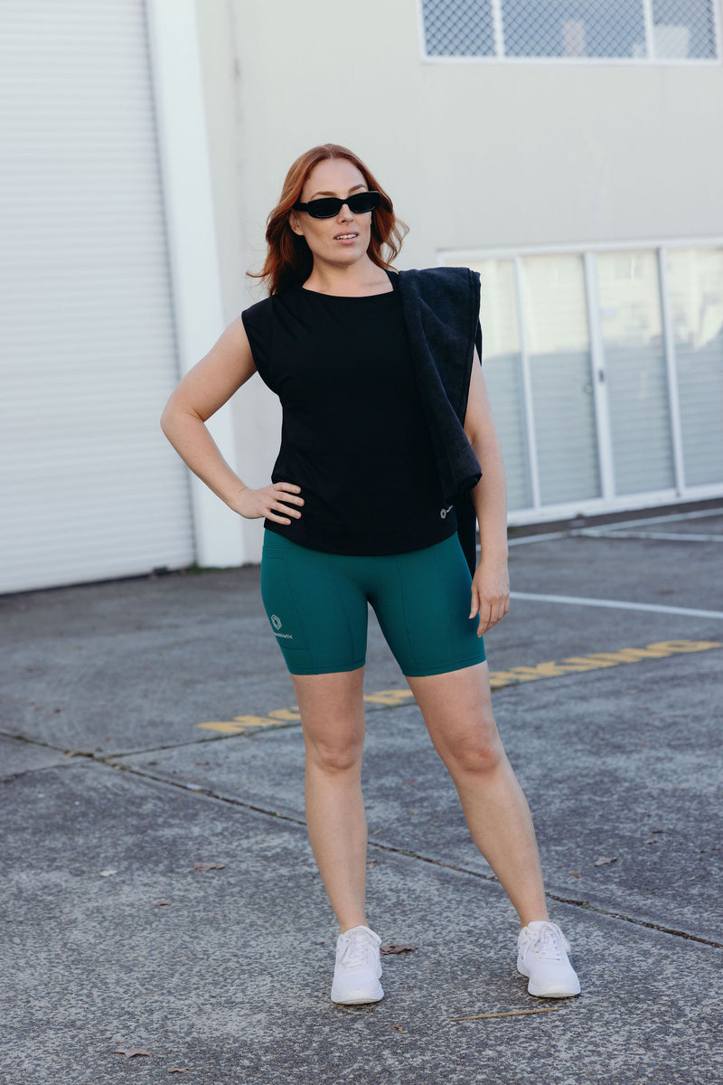 Sweat Resistant Activewear, high waisted teal bike shorts, high waisted bike shorts, Idea Athletic Australia