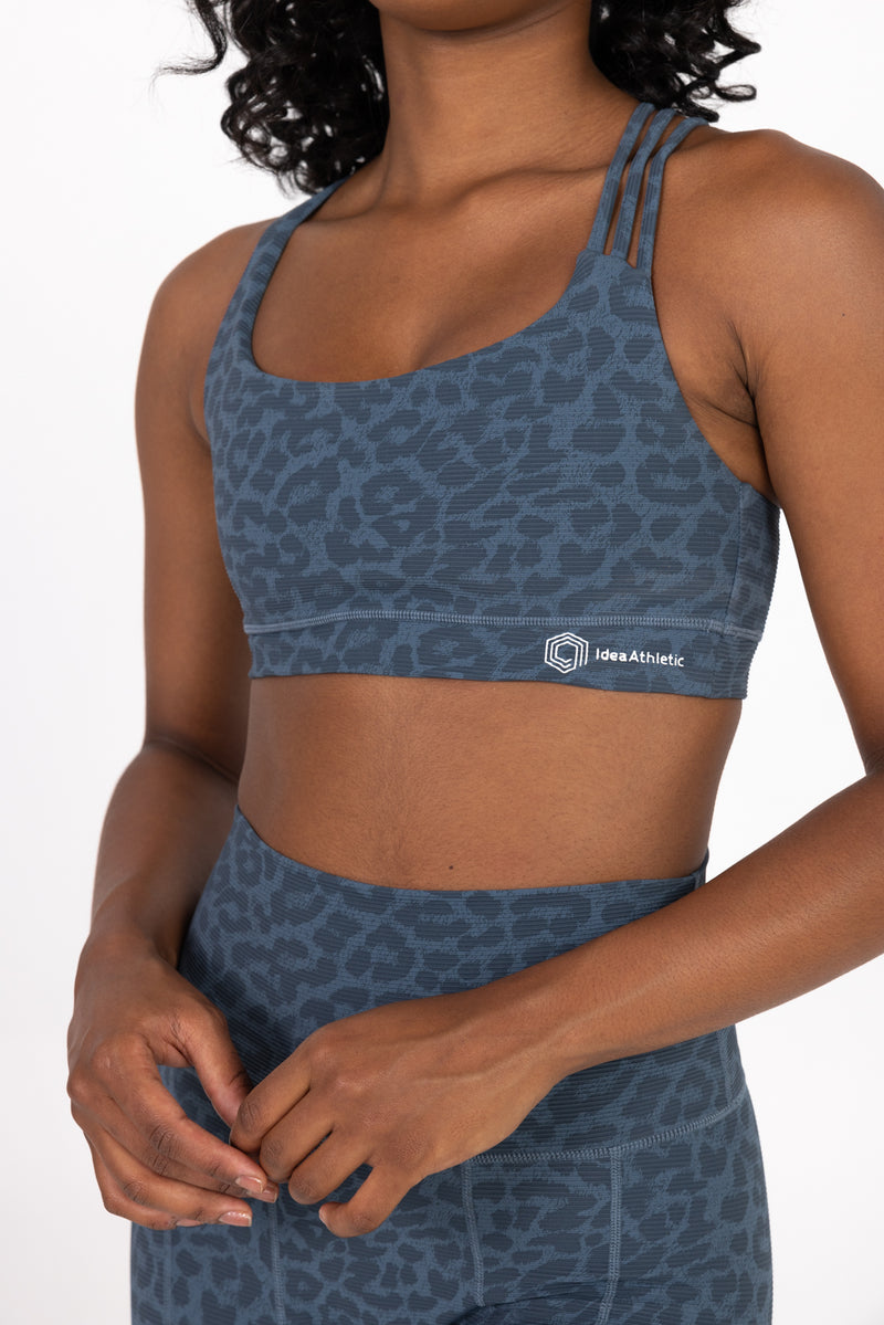 sweat resistant activewear - sweat resistant sport bra - blue leopard sport bra - blue leopard sweat resistant sport bra